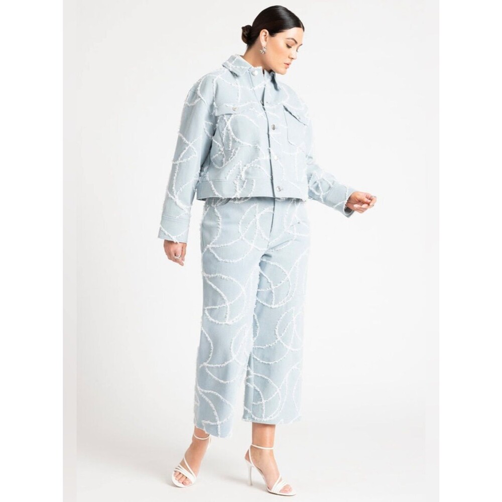 Eloquii Fringe Denim Jacket Cropped Pants Plus Size 22 Blue Statement Set NEW